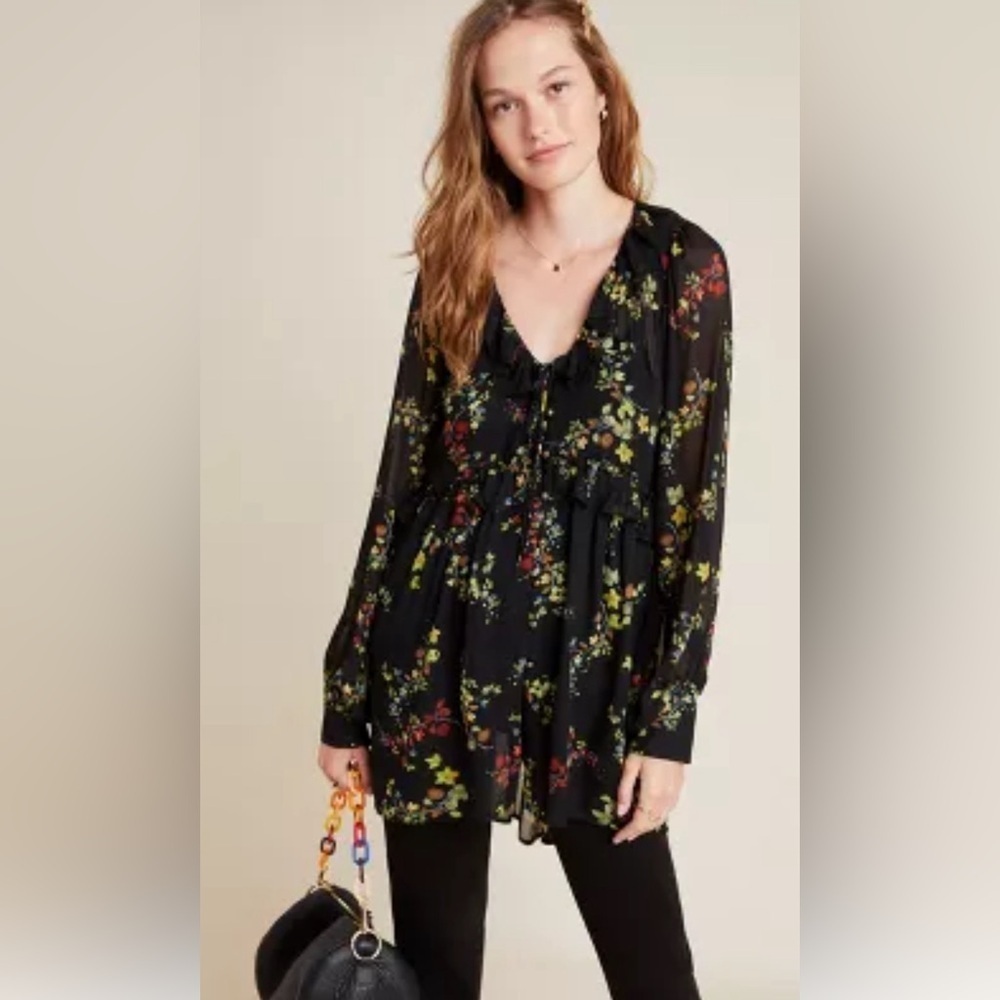 Anthropologie‎ Jamison Ruffled Boho chic  Black Sheer Floral cottage core Tunic